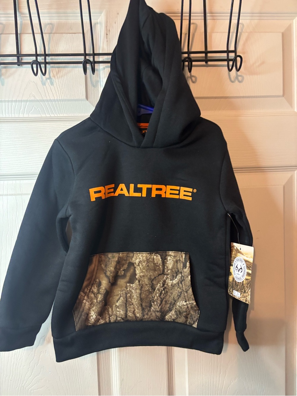 Realtree Kids Black Hoodie with Orange Logo and Camouflage Pocket